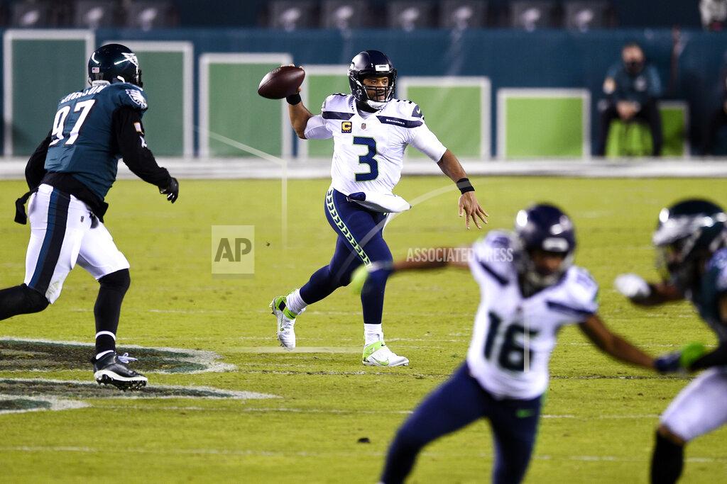 Derik Hamilton Seattle Seahawks' Russell Wilson plays during the first half of an NFL football game against the Philadelphia Eagles, Monday, Nov. 30, 2020, in Philadelphia. (AP Photo/Derik Hamilton)