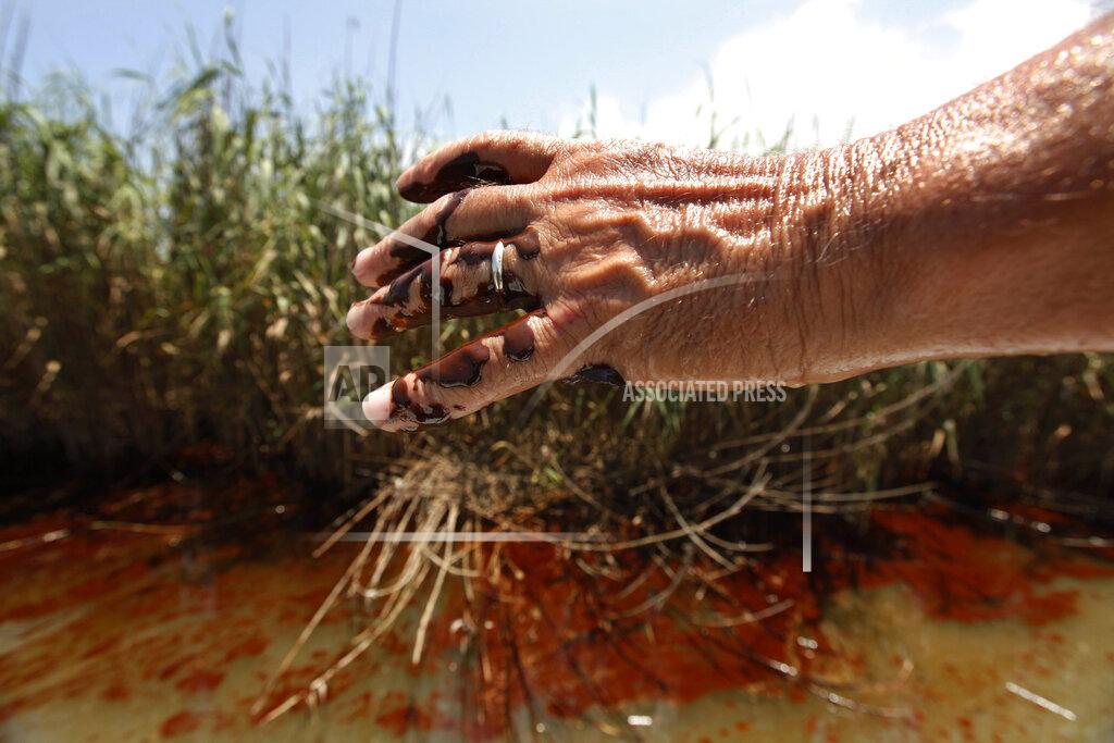 Gerald Herbert FILE - In this May 19, 2010 file photo, boat captain Preston Morris shows the oil on his hands while collecting surface samples from the oil impacted marsh of Pass a Loutre, La. on Wednesday. Oil from the Deepwater Horizon oil spill is infiltrating the coast of Louisiana. Ten years after an oil rig explosion killed 11 workers and unleashed an environmental nightmare in the Gulf of Mexico, companies are drilling into deeper and deeper waters where the payoffs can be huge but the risks are greater than ever. (AP Photo/Gerald Herbert, File)