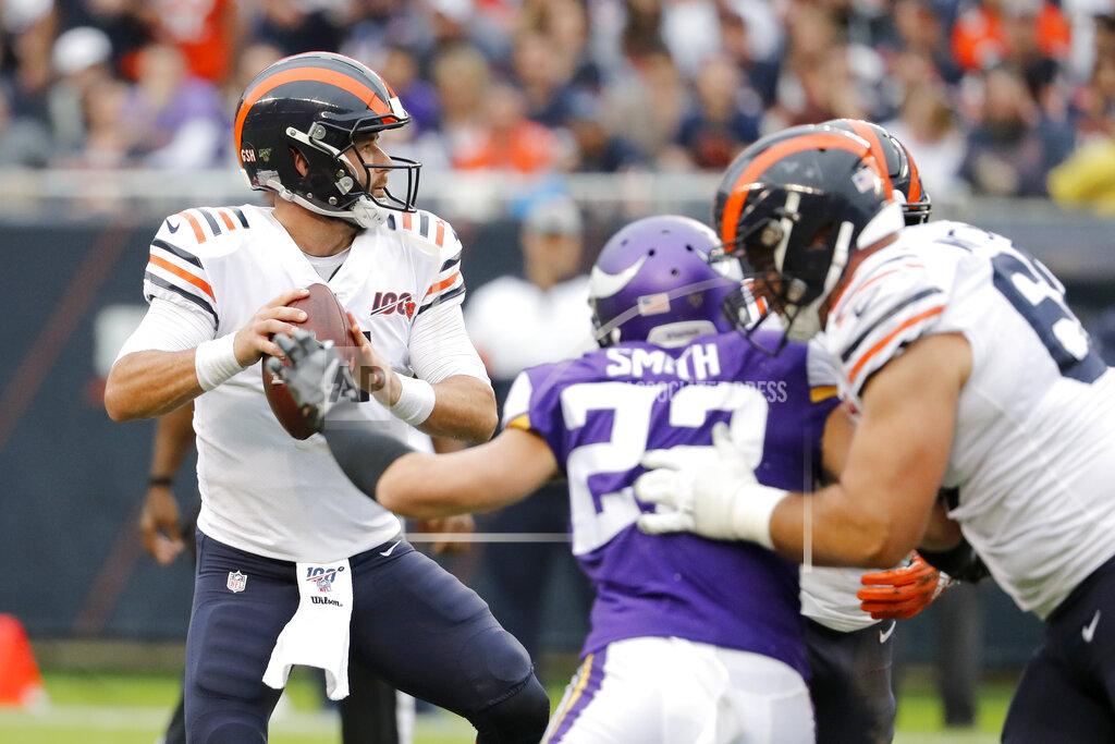 Jeff Roberson Chicago Bears quarterback Chase Daniel drops back to pass during the half of an NFL football game against the Minnesota Vikings Sunday, Sept. 29, 2019, in Chicago. (AP Photo/Jeff Roberson)
