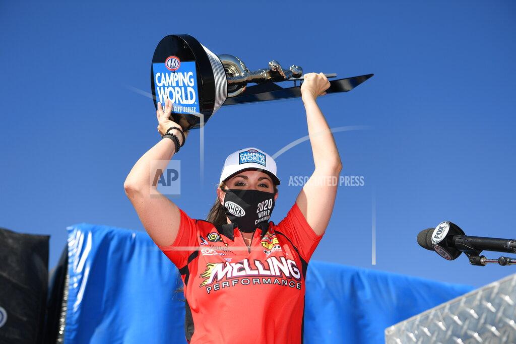 Jerry Foss In this photo provided by the NHRA, Erica Enders earned her fourth world title and went on to win the race at the Dodge NHRA Finals presented by Pennzoil when she went 6.643 seconds at 206.39 mph to beat Kyle Koretsky in the final Sunday, Nov. 1, 2020, in Las Vegas. (Jerry Foss/NHRA via AP)