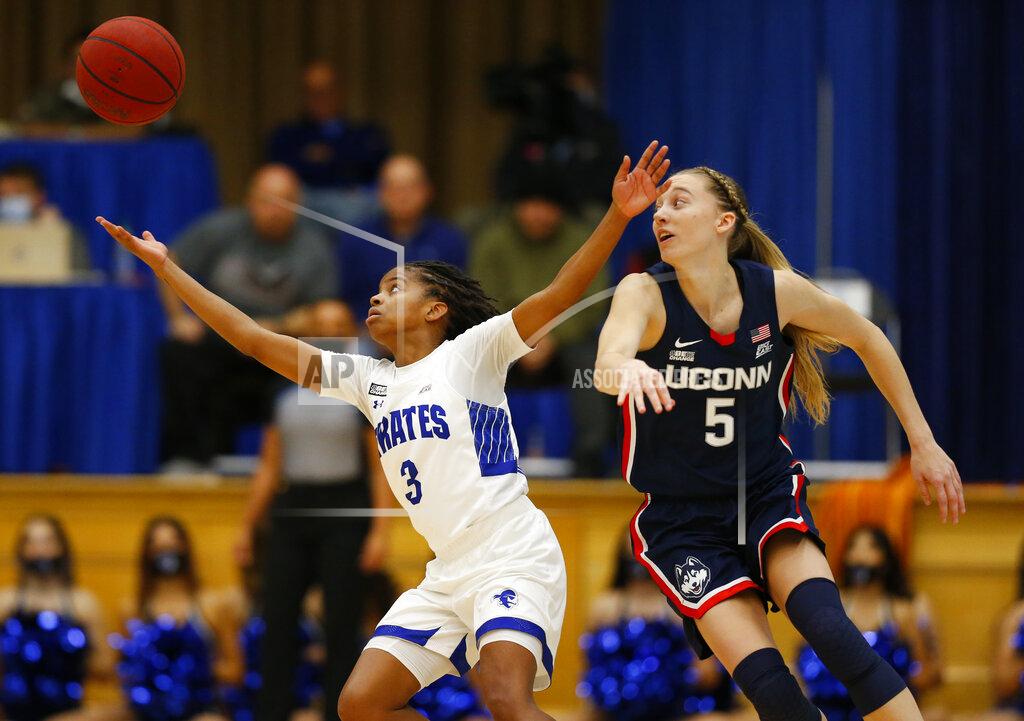 Noah K. Murray Seton Hall guard Lauren Park-Lane (3) goes after a rebound against Connecticut guard Paige Bueckers (5) during the second half of an NCAA college basketball game on Friday, Dec. 3, 2021, in South Orange, N.J. (AP Photo/Noah K. Murray)