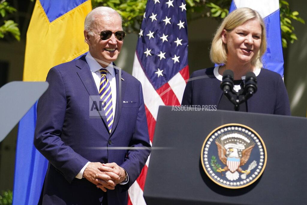 Andrew Harnik Swedish Prime Minister Magdalena speaks, with President Joe Biden and Finnish President Sauli Niinisto, not shown, in the Rose Garden of the White House in Washington, Thursday, May 19, 2022. (AP Photo/Andrew Harnik)