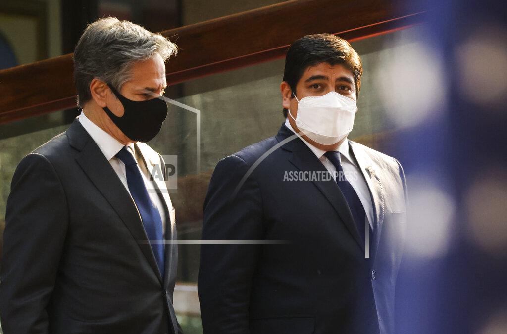 Evelyn Hockstein U.S. Secretary of State Antony Blinken and Costa Rica's President Carlos Alvarado arrive for a news conference Tuesday, June 1, 2021, in San Jose, Costa Rica. (Evelyn Hockstein/Pool via AP)