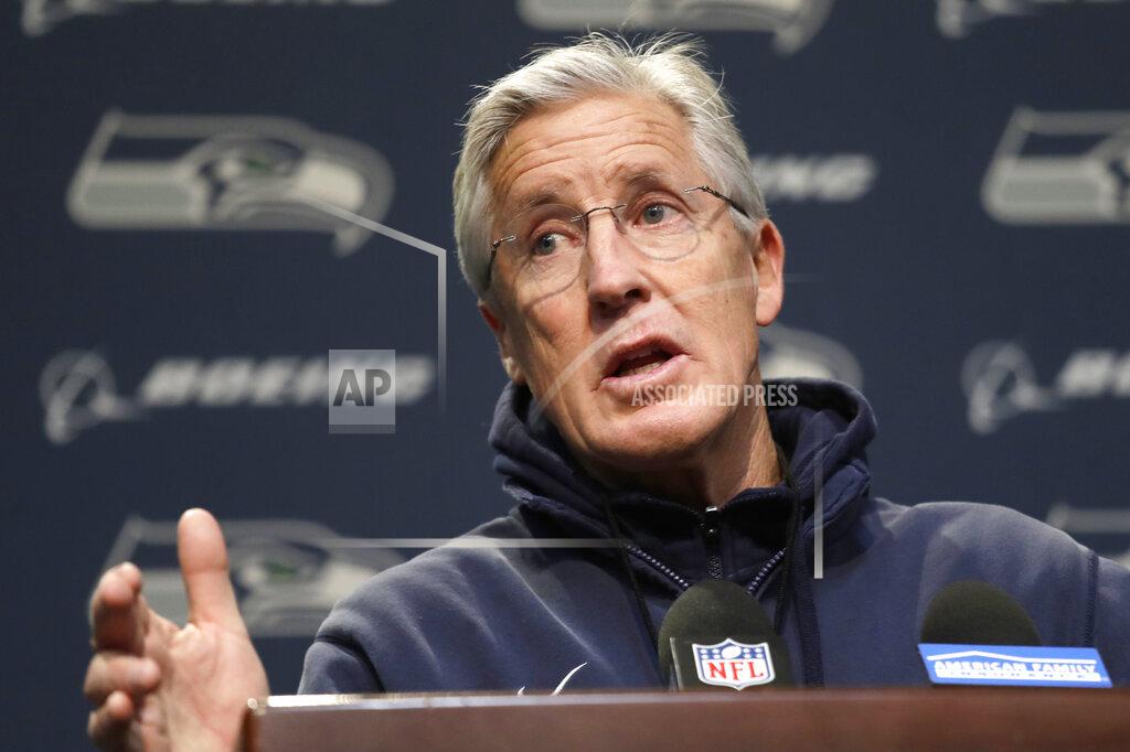 Elaine Thompson Seattle Seahawks coach Pete Carroll addresses a news conference Tuesday, Dec. 24, 2019, in Renton, Wash. When Marshawn Lynch played his last game for the Seahawks in 2016, the idea of him ever wearing a Seahawks uniform again seemed preposterous. Yet, here are the Seahawks getting ready to have Lynch potentially play a major role Sunday against San Francisco with the NFC West title on the line. (AP Photo/Elaine Thompson)