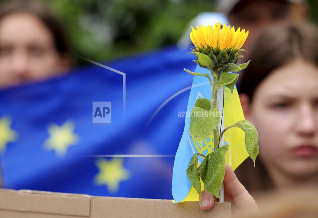 Olivier Matthys A protestor holds a yellow flower in front of an EU flag during a demonstration in support of Ukraine outside of an EU summit in Brussels, Thursday, June 23, 2022. European Union leaders are expected to approve Thursday a proposal to grant Ukraine a EU candidate status, a first step on the long toward membership. (AP Photo/Olivier Matthys)