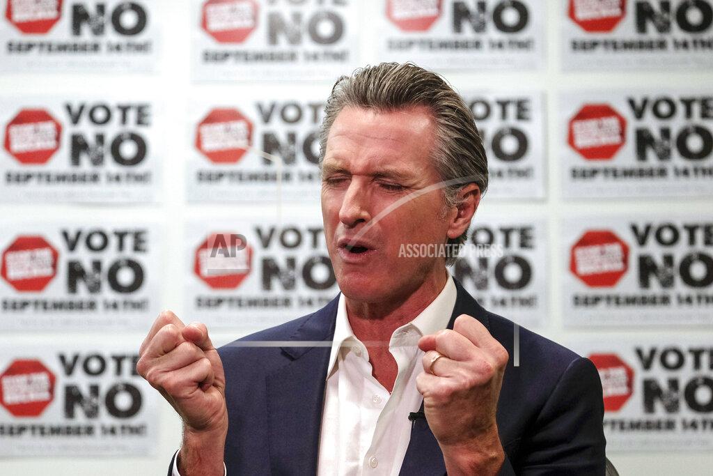 Ringo H.W. Chiu California Gov. Gavin Newsom is photographed during a TV interview before a rally against the California gubernatorial recall election on Sunday, Sept. 12, 2021, in Sun Valley, Calif. (AP Photo/Ringo H.W. Chiu)