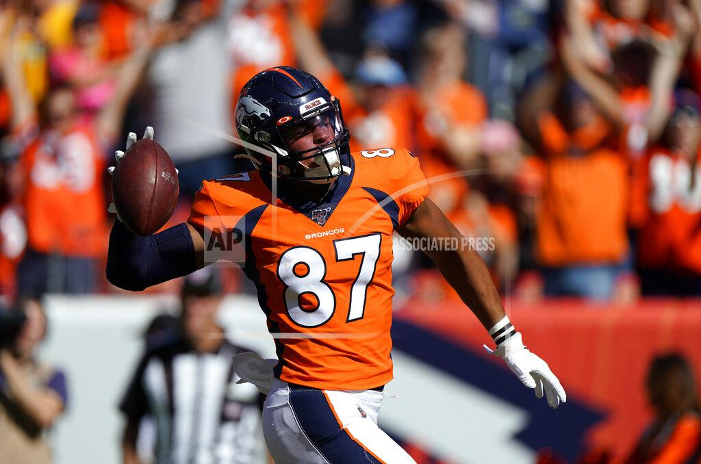 Jack Dempsey Denver Broncos tight end Noah Fant celebrates after scoring a touchdown during the first half of an NFL football game against the Jacksonville Jaguars, Sunday, Sept. 29, 2019, in Denver. (AP Photo/Jack Dempsey)