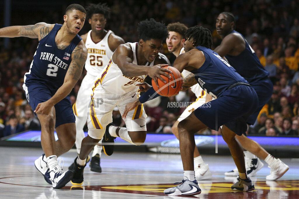 Stacy Bengs Minnesota's Marcus Carr drives the ball through the defense of Penn State's Jamari Wheeler during an NCAA basketball game Wednesday, Jan. 15, 2020, in Minneapolis. (AP Photo/Stacy Bengs)