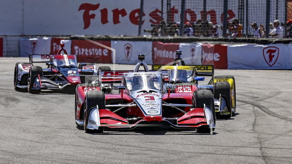 Steve Nesius Scott McLaughlin holds the lead as the Dex Imaging Team Penske (car 3) accelerates during the Grand Prix of St. Petersburg auto race Sunday, Feb. 27, 2022, in St. Petersburg, Fla. (AP Photo/Steve Nesius)