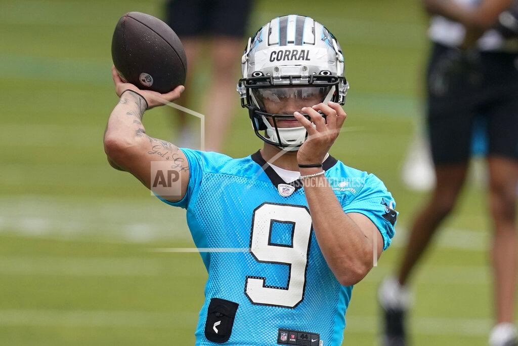 Carolina Panthers' Matt Corral takes part in drills at the NFL football team's rookie minicamp Friday, May 13, 2022, in Charlotte, N.C. (AP Photo/Chris Carlson)