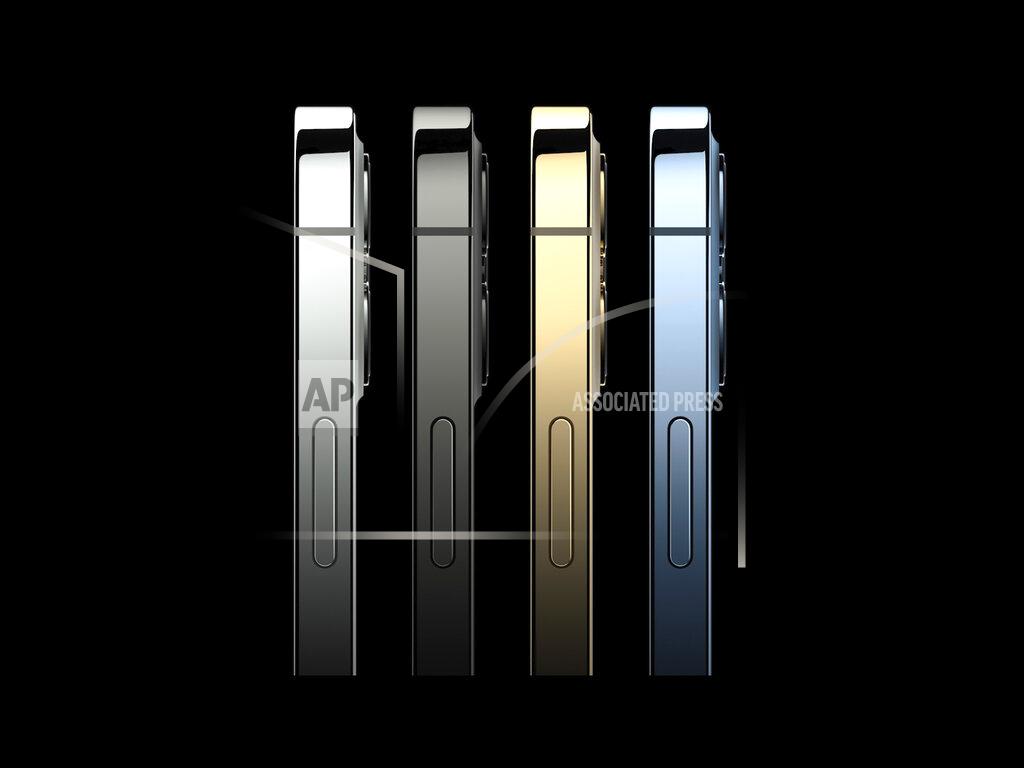 Uncredited This image provided by Apple shows the new iPhone 12 Pro phones that Apple unveiled Tuesday, Oct. 13, 2020. The higher-end iPhone 12 Pro with more powerful cameras comes in silver, graphite, gold and blue, and will cost $999. (Apple via AP)
