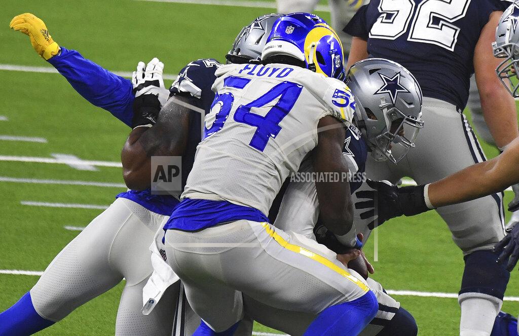 Keith Birmingham Outside linebacker Leonard Floyd (54) of the Los Angeles Rams sacks quarterback Dak Prescott (4) of the Dallas Cowboys in the fourth quarter during a NFL football game on opening night at SoFi Stadium in Inglewood on Sunday, September 13, 2020. Los Angeles Rams won 20-17. (Keith Birmingham/The Orange County Register via AP)