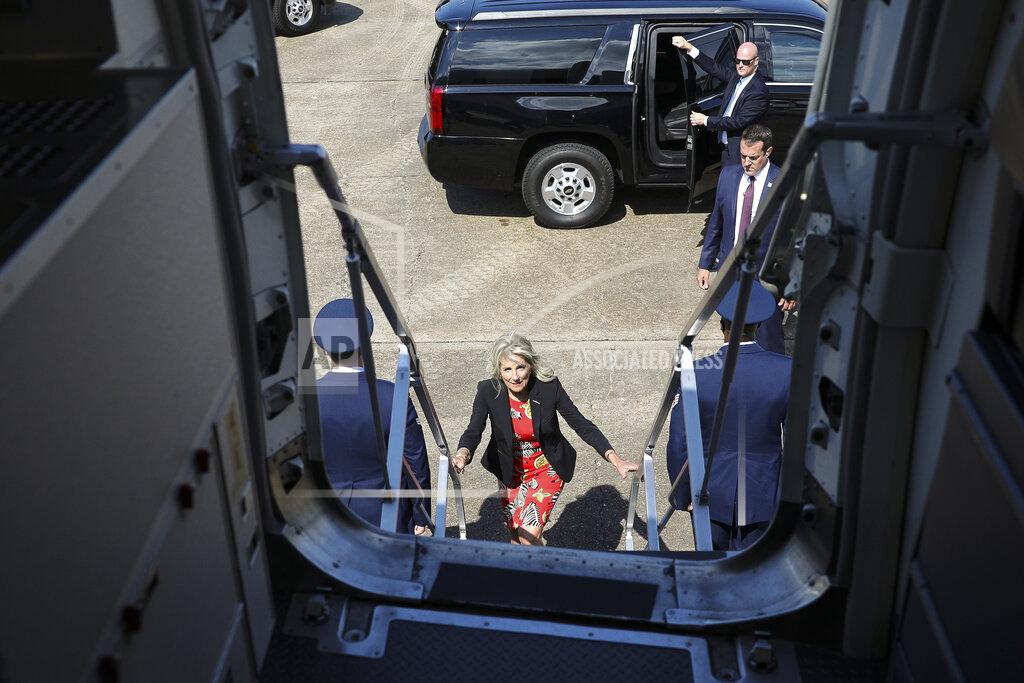 Tom Brenner First lady Jill Biden boards an aircraft at Jackson-Medgar Wiley Evers International Airport, in Pearl, Miss., Tuesday, June 22, 2021. (Tom Brenner/Pool via AP)