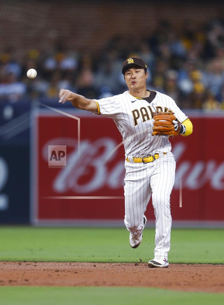 Mike Mcginnis San Diego Padres shortstop Ha-Seong Kim throws to first for the out on Milwaukee Brewers' Andrew McCutchen during the third inning of a baseball game Tuesday, May 24, 2022, in San Diego. (AP Photo/Mike McGinnis)