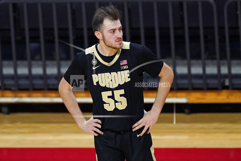 Kathy Willens Purdue guard Sasha Stefanovic (55) reacts during the second half of the team's NCAA college basketball game against Rutgers, Tuesday, Dec. 29, 2020, in Piscataway, N.J. Rutgers won 81-76. (AP Photo/Kathy Willens)