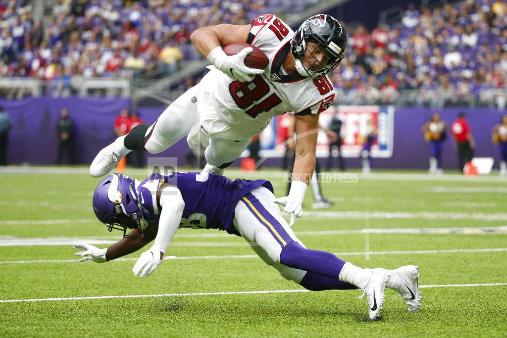 Bruce Kluckhohn Atlanta Falcons tight end Austin Hooper (81) is tackled by Minnesota Vikings defensive back Kris Boyd after making a reception during the second half of an NFL football game, Sunday, Sept. 8, 2019, in Minneapolis. (AP Photo/Bruce Kluckhohn)