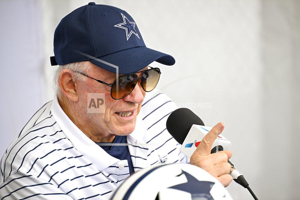 Dallas Cowboys owner Jerry Jones takes questions from the media at the start of NFL football training camp, Tuesday, July 26, 2022, in Oxnard, Calif. (AP Photo/Gus Ruelas)
