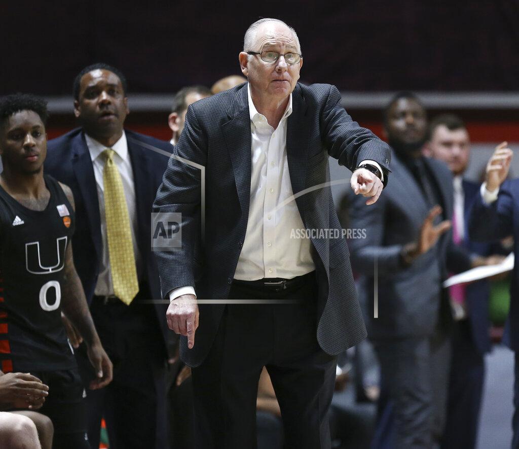 Matt Gentry FILE - In this Feb. 19, 2020, file photo, Miami coach Jim Larranaga gestures during the third overtime in the team's NCAA college basketball game against Virginia Tech in Blacksburg, Va. Nearing the end of his 34th season as a college coach, Larranaga has no plans to quit anytime soon _ or ever. The Hurricanes begin the final week of the regular season with a 14-14 record, leaving Larranaga to in danger of back-to-back losing seasons for the first time since 1991-93 at Bowling Green. But Larranaga believes the Miami program is on the verge of a turnaround, and he expects to be part of it. “I love coaching,” the 70-year-old Larranaga said Monday, March 2, 2020. “Honestly, I can't see myself doing anything else.(Matt Gentry/The Roanoke Times via AP, File)