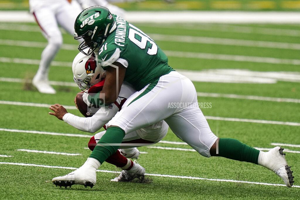Seth Wenig New York Jets defensive end John Franklin-Myers (91) sacks Arizona Cardinals quarterback Kyler Murray (1) during the second half of an NFL football game, Sunday, Oct. 11, 2020, in East Rutherford. (AP Photo/Seth Wenig)