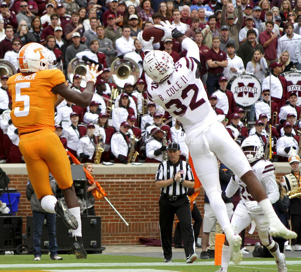 Tom Sherlin Mississippi State's Brian Cole II intercepts a pass to Tennessee's Josh Palmer in the end zone during an NCAA college football game Saturday, Oct. 12, 2019, in Knoxville, Tenn. (Tom Sherlin/The Daily Times via AP)