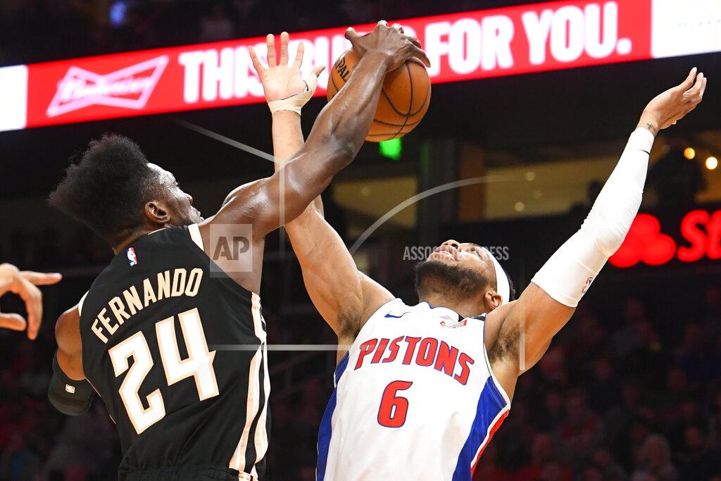 John Amis Detroit Pistons guard Bruce Brown (6) is fouled by Atlanta Hawks forward Bruno Fernando during the second half of an NBA basketball game Saturday, Jan. 18, 2020, in Atlanta. (AP Photo/John Amis)