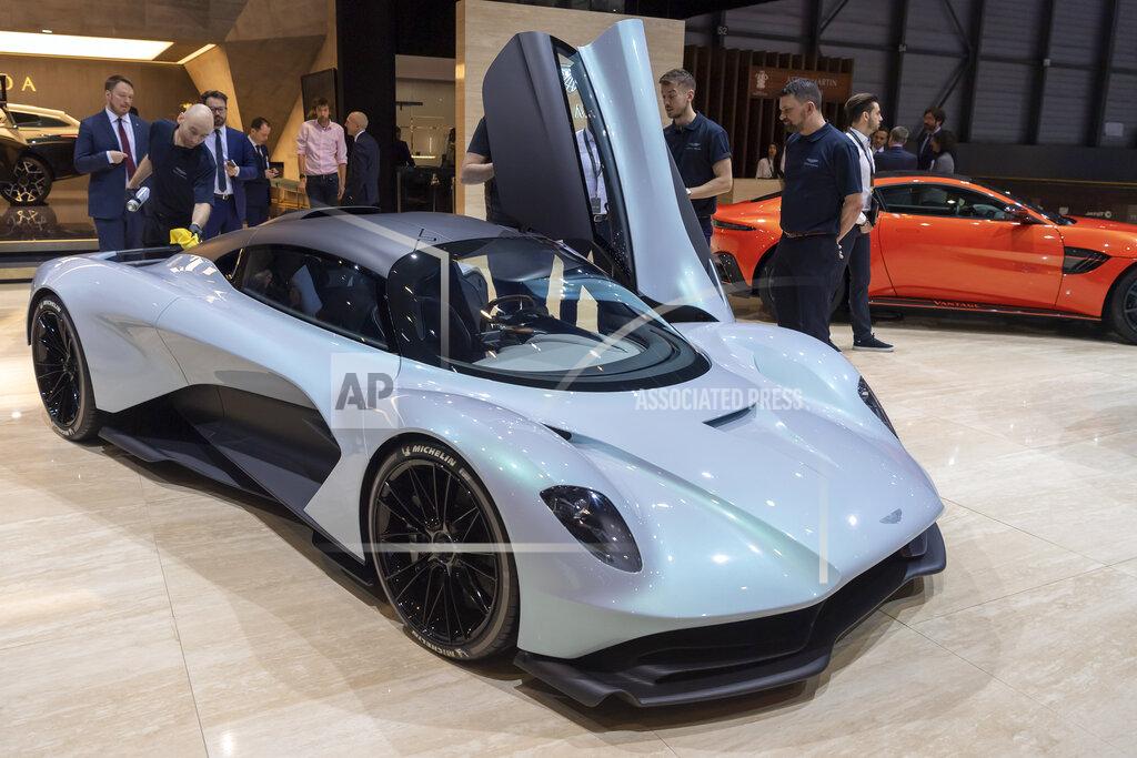 Martial Trezzini The new car Aston Martin AM-RB003 is presented during the press day at the 89th Geneva International Motor Show in Geneva, Switzerland, Wednesday, March 06, 2019. The Motor Show will open its gates to the public from March 7, presenting more than 180 exhibitors and more than 100 world and European premieres. (Martial Trezzini/Keystone via AP)