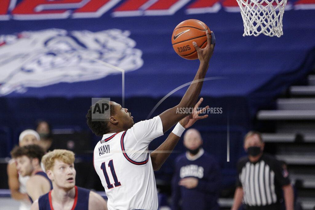Young Kwak Gonzaga guard Joel Ayayi shoots during the first half of an NCAA college basketball game against Saint Mary's in Spokane, Wash., Thursday, Feb. 18, 2021. (AP Photo/Young Kwak)