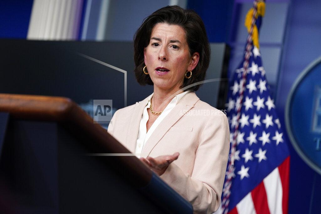 Evan Vucci Commerce Secretary Gina Raimondo speaks during a press briefing at the White House, Wednesday, April 7, 2021, in Washington. (AP Photo/Evan Vucci)
