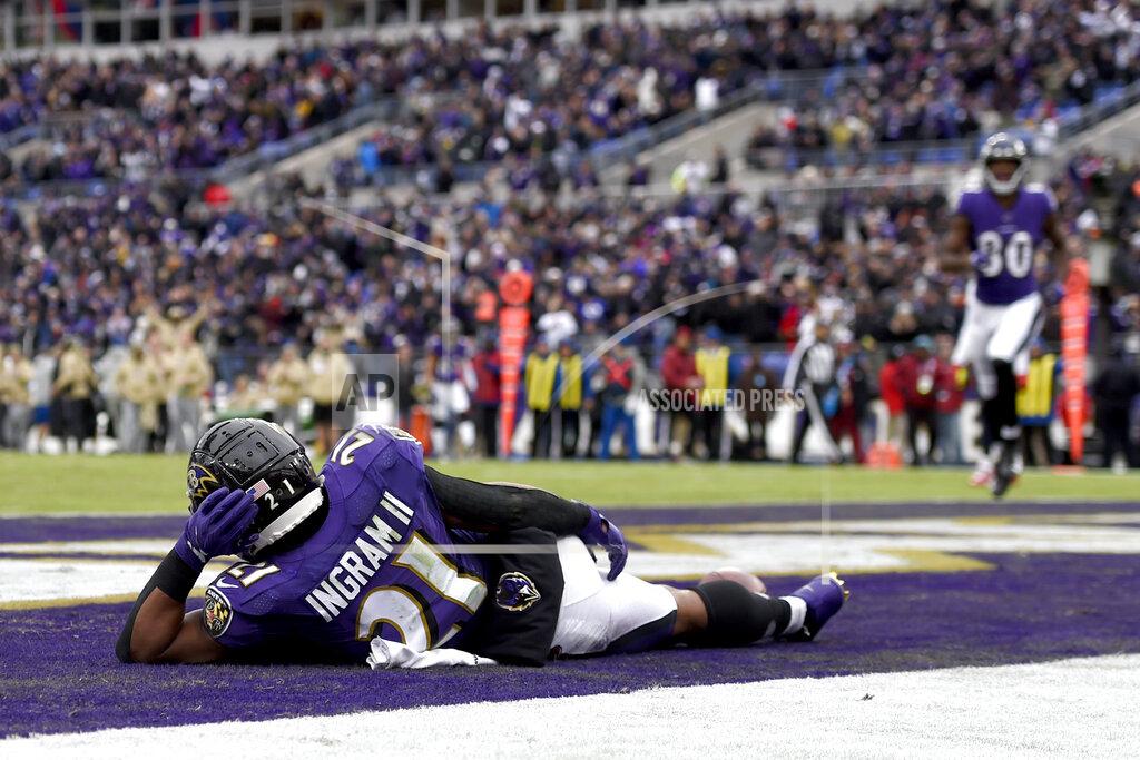 Gail Burton Baltimore Ravens running back Mark Ingram rests on the end zone after scoring on a touchdown run against the Houston Texans during the second half of an NFL football game, Sunday, Nov. 17, 2019, in Baltimore. (AP Photo/Gail Burton)