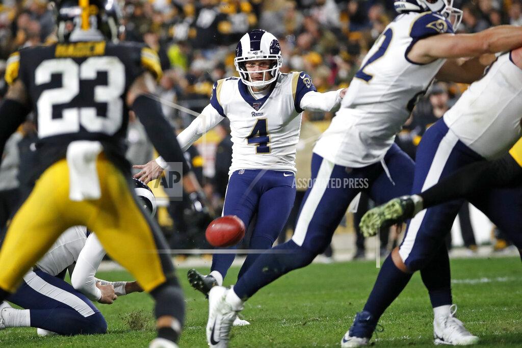 Don Wright Los Angeles Rams kicker Greg Zuerlein (4) boots a field goal during the second half of an NFL football game against the Pittsburgh Steelers in Pittsburgh, Sunday, Nov. 10, 2019. (AP Photo/Don Wright)