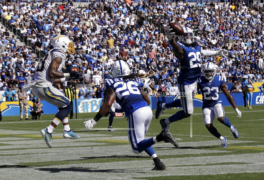 Marcio Jose Sanchez Indianapolis Colts free safety Malik Hooker, right, intercepts a pass intended for Los Angeles Chargers wide receiver Keenan Allen, left, during the second half in an NFL football game Sunday, Sept. 8, 2019, in Carson, Calif. (AP Photo/Marcio Jose Sanchez)