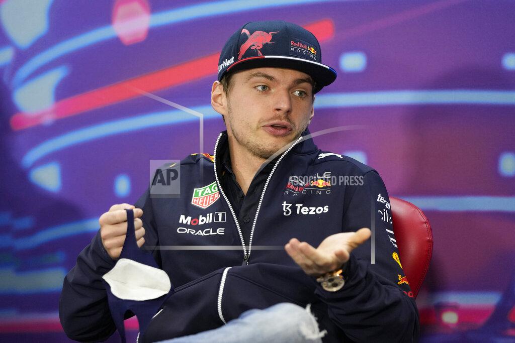 Red Bull driver Max Verstappen of the Netherlands speaks ahead of a press conference at the Formula One Bahrain International Circuit in Sakhir, Bahrain, Friday, March 18, 2022. The Bahrain Formula One Grand Prix will take place here on Sunday. (AP Photo/Hassan Ammar)