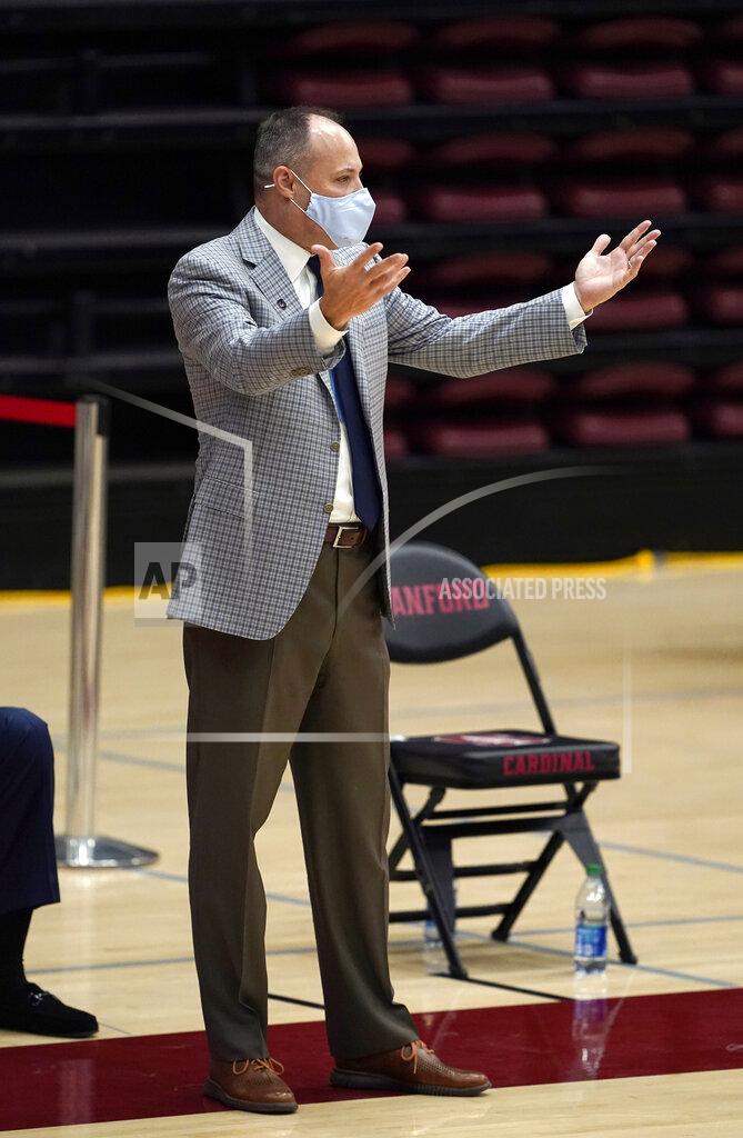 Tony Avelar California head coach Mark Fox gestures during the first half of an NCAA college basketball game against Stanford in Stanford, Calif., Sunday, Feb. 7, 2021. (AP Photo/Tony Avelar)