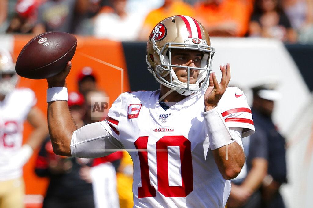 Frank Victores San Francisco 49ers quarterback Jimmy Garoppolo passes during the first half an NFL football game against the Cincinnati Bengals, Sunday, Sept. 15, 2019, in Cincinnati. (AP Photo/Frank Victores)