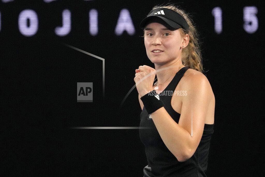 Aaron Favila Elena Rybakina of Kazakhstan reacts after defeating Jelena Ostapenko of Latvia in their quarterfinal match at the Australian Open tennis championship in Melbourne, Australia, Tuesday, Jan. 24, 2023. (AP Photo/Aaron Favila)