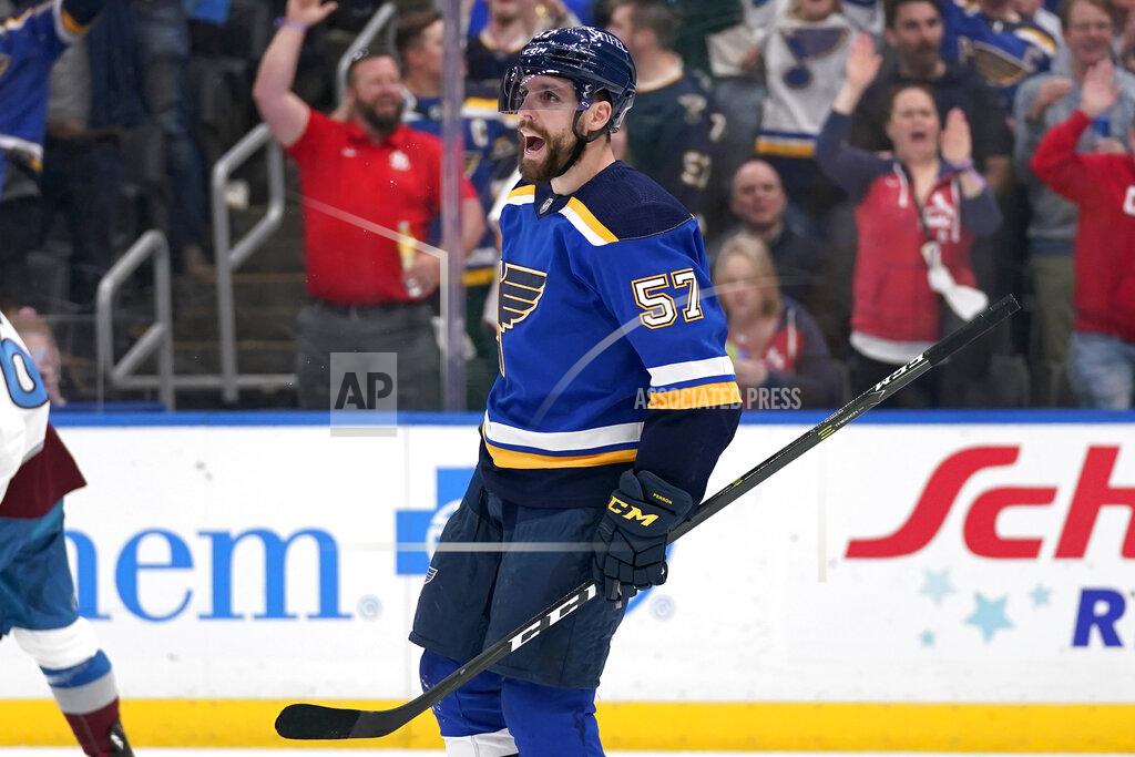 Jeff Roberson St. Louis Blues' David Perron celebrates after scoring during the second period in Game 4 of an NHL hockey Stanley Cup second-round playoff series against the Colorado Avalanche Monday, May 23, 2022, in St. Louis. (AP Photo/Jeff Roberson)
