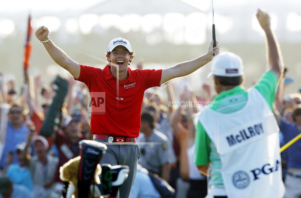 Evan Vucci FILE - Rory McIlroy of Northern Ireland reacts to his victory after a birdie putt on the 18th green during the final round of the PGA Championship golf tournament on the Ocean Course of the Kiawah Island Golf Resort in Kiawah Island, S.C., Aug. 12, 2012. He won the first of his two PGA titles 10 years ago. (AP Photo/Evan Vucci, File)