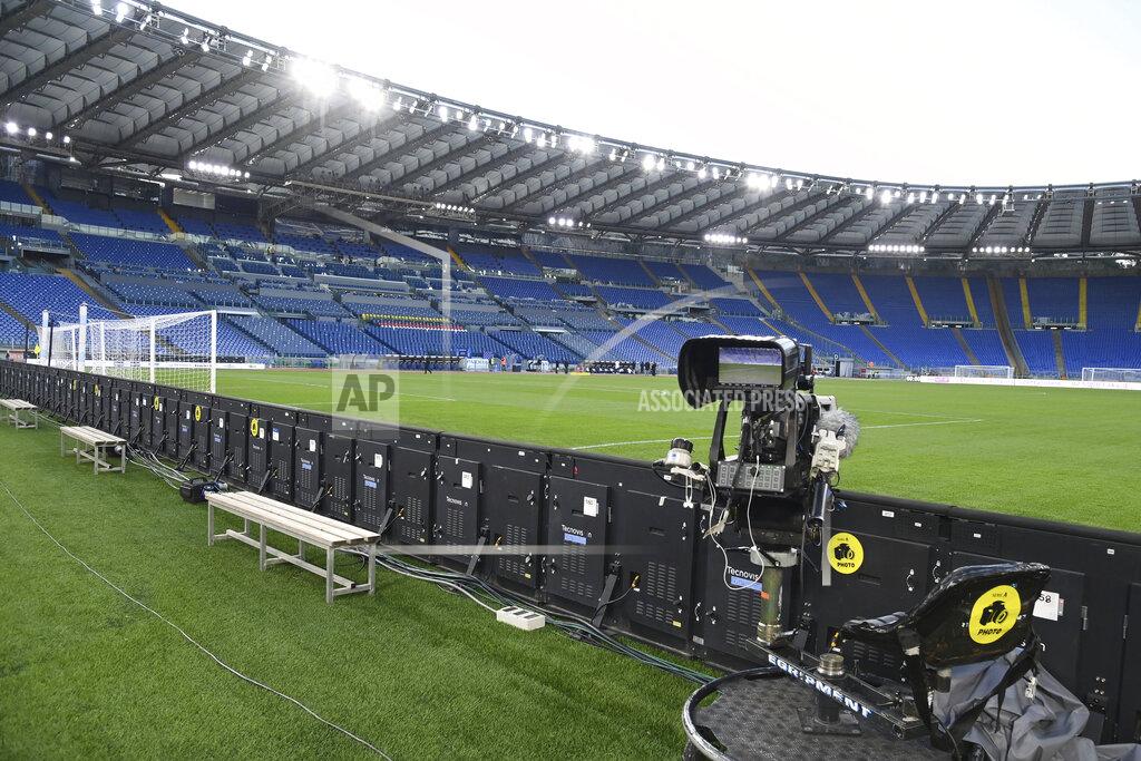 Alfredo Falcone A view of the Rome Olympic Stadium prior to the Serie A soccer match between Lazio and Torino, Tuesday, March 2, 2021. Lazio walked out into Stadio Olimpico for its Serie A match on Tuesday even though it knows its Torino opponents are still in Turin. A coronavirus outbreak forced Torino players and staff into self-isolation that doesn't end until midnight Tuesday, hours after the scheduled kickoff against Lazio in Rome. (Alfredo Falcone/LaPresse via AP)