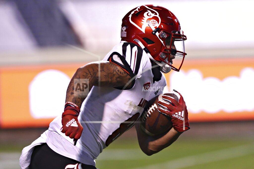 Erin Edgerton Louisville wide receiver Jordan Watkins (80) runs the ball during an NCAA college football game against Virginia Saturday, Nov. 14, 2020, in Charlottesville, Va. (Erin Edgerton/The Daily Progress via AP)
