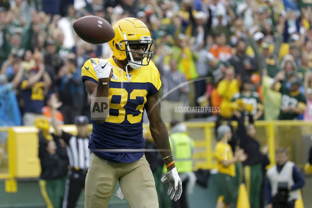 Mike Roemer Green Bay Packers wide receiver Marquez Valdes-Scantling celebrates after catching a touchdown pass during the first half of an NFL football game against the Denver Broncos Sunday, Sept. 22, 2019, in Green Bay, Wis. (AP Photo/Mike Roemer)