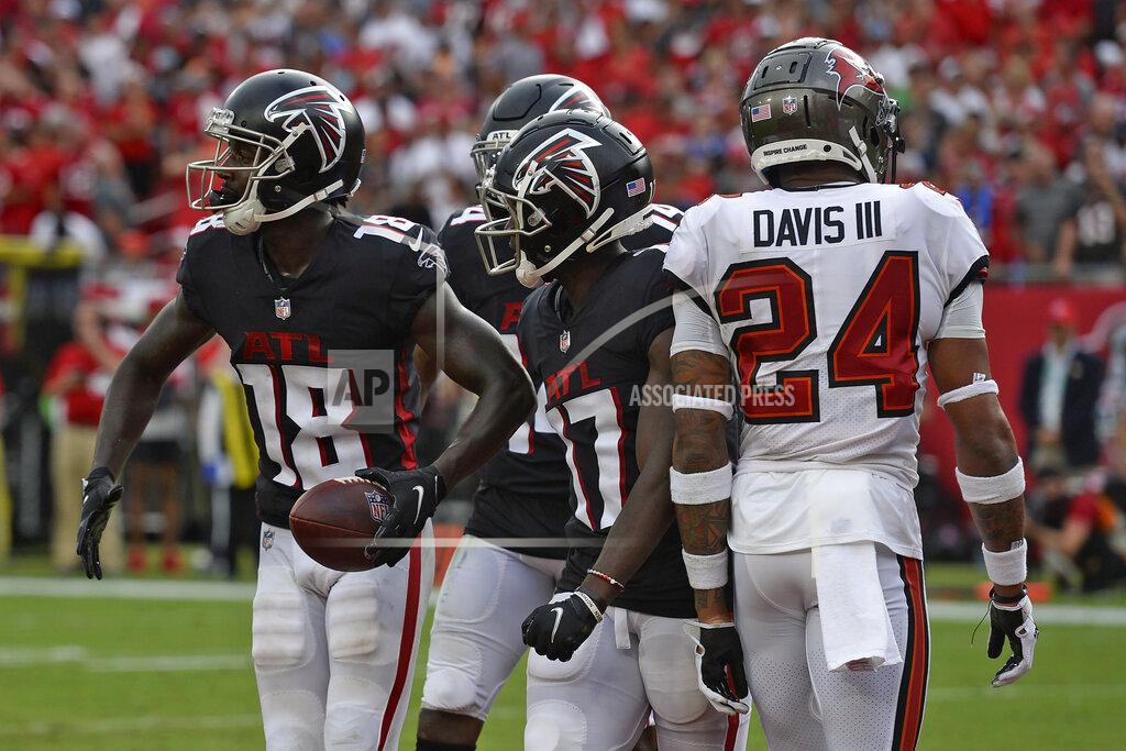 Jason Behnken Atlanta Falcons wide receiver Calvin Ridley (18) celebrates his touchdown with teammates against the Tampa Bay Buccaneers during the second half of an NFL football game Sunday, Sept. 19, 2021, in Tampa, Fla. (AP Photo/Jason Behnken)