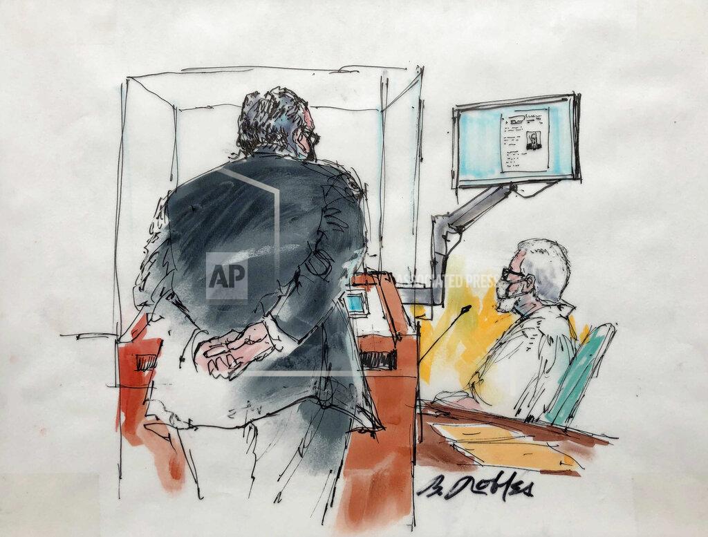 Bill Robles In this courtroom artist sketch Tahawwur Rana, appears during an extradition hearing in federal US court in Los Angeles, Thursday, June 24, 2021. A federal judge is weighing whether Rana, a former Chicago businessman, will be extracted to India in connection with his alleged involvement in the 2008 Mumbai terrorist attack in which 166 people, including six Americans were killed. (Bill Robles for AP)