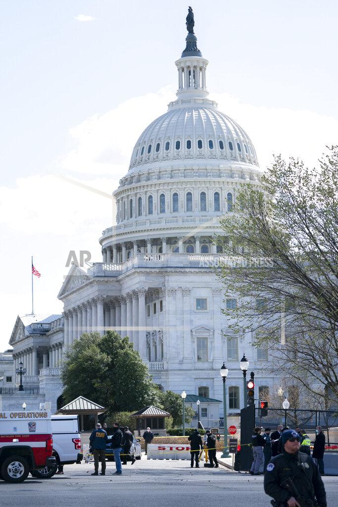 Jacquelyn Martin Capitol Police investigate the scene, Friday, April 2, 2021, after a car crashed into a barrier on Capitol Hill in Washington. (AP Photo/Jacquelyn Martin)