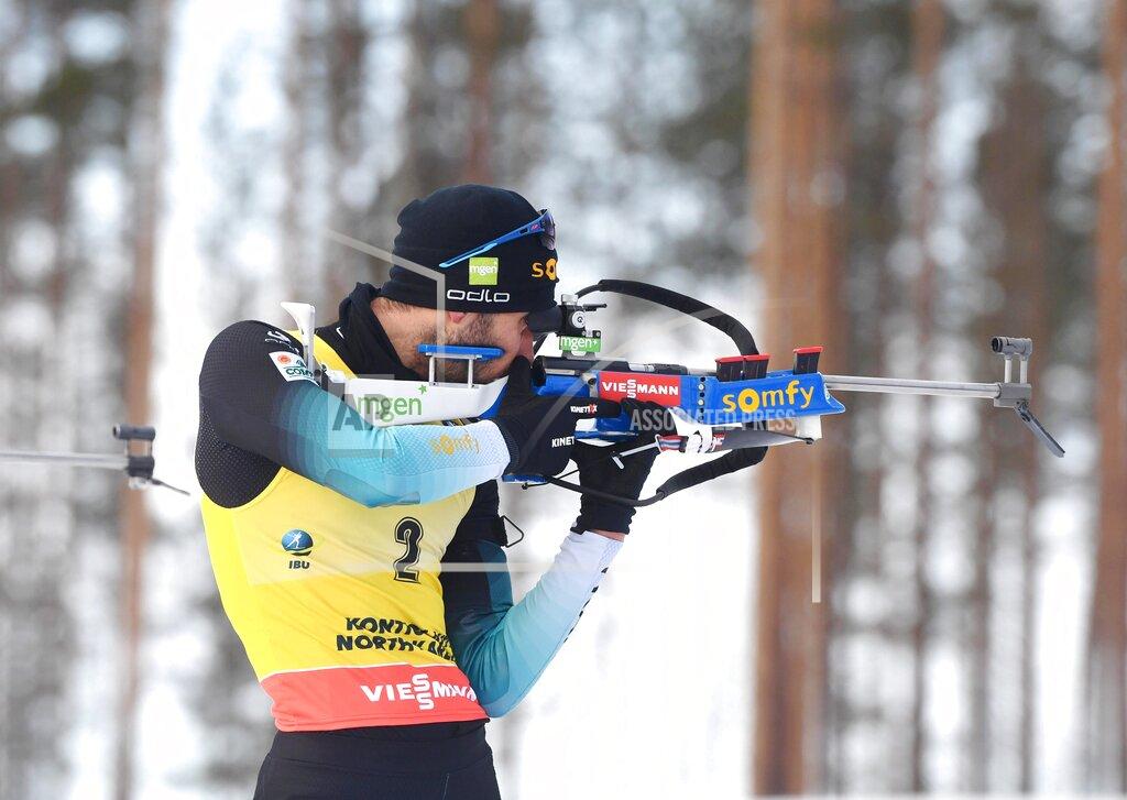Jussi Nukari Martin Fourcade of France competes during the men's 12,5 km Pursuit competition, at the IBU Biathlon World Cup in Kontiolahti, Finland, Saturday March 14, 2020. Fourcade retired from the sport on Saturday exactly ten years after his first World Cup victory in Kontiolahti. (Jussi Nukari/Lehtikuva via AP)