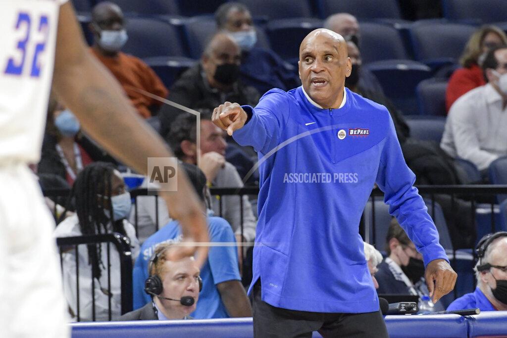 Mark Black DePaul head coach Tony Stubblefield gestures during the first half of an NCAA college basketball game against the Rutgers, Thursday, Nov. 18, 2021, in Chicago. (AP Photo/Mark Black)