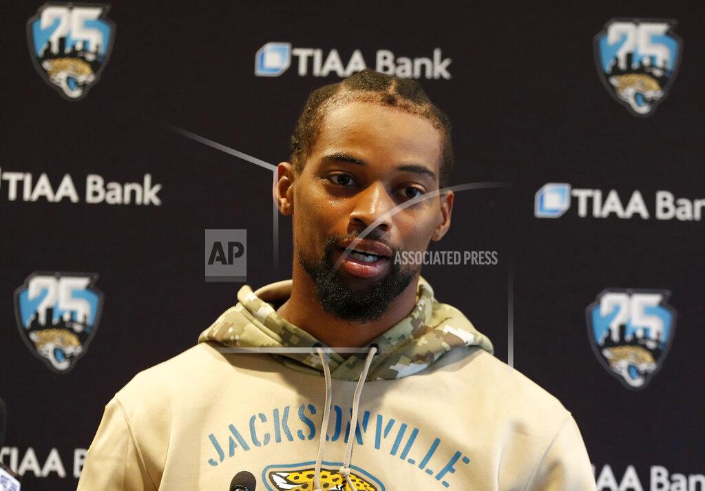 Frank Augstein Jaguars CB A.J. Bouye speaks during a NFL press conference of the Jacksonville Jaguars at the at Allianz Park in London, Friday, Nov. 1, 2019.The Jacksonville Jaguars are preparing for an NFL regular season game against the Houston Texans in London on Sunday. (AP Photo/Frank Augstein)