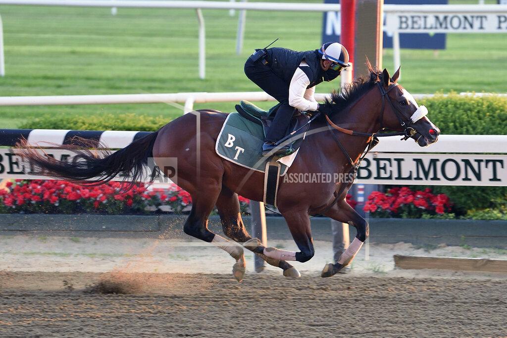 Susie Raisher In this Sunday, June 14, 2020, photo provided by Coglianese Photos, Tiz The Law trains at Belmont Park in Elmont, N.Y. Tiz the Law looks every bit like the best 3-year-old in the world and is the Triple Crown favorite, so it’ll take something spectacular from a watered-down field to prevent him from becoming the first New York-bred horse to win the Belmont in over 130 years and take a powerful stride toward the Kentucky Derby. (Susie Raisher/Coglianese Photos via AP)
