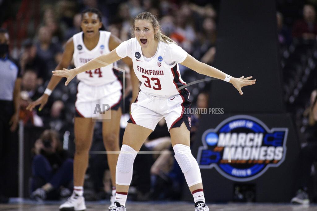 Young Kwak Stanford guard Hannah Jump (33) reacts during the first half of a college basketball game against Maryland in the Sweet 16 round of the NCAA tournament, Friday, March 25, 2022, in Spokane, Wash. (AP Photo/Young Kwak)