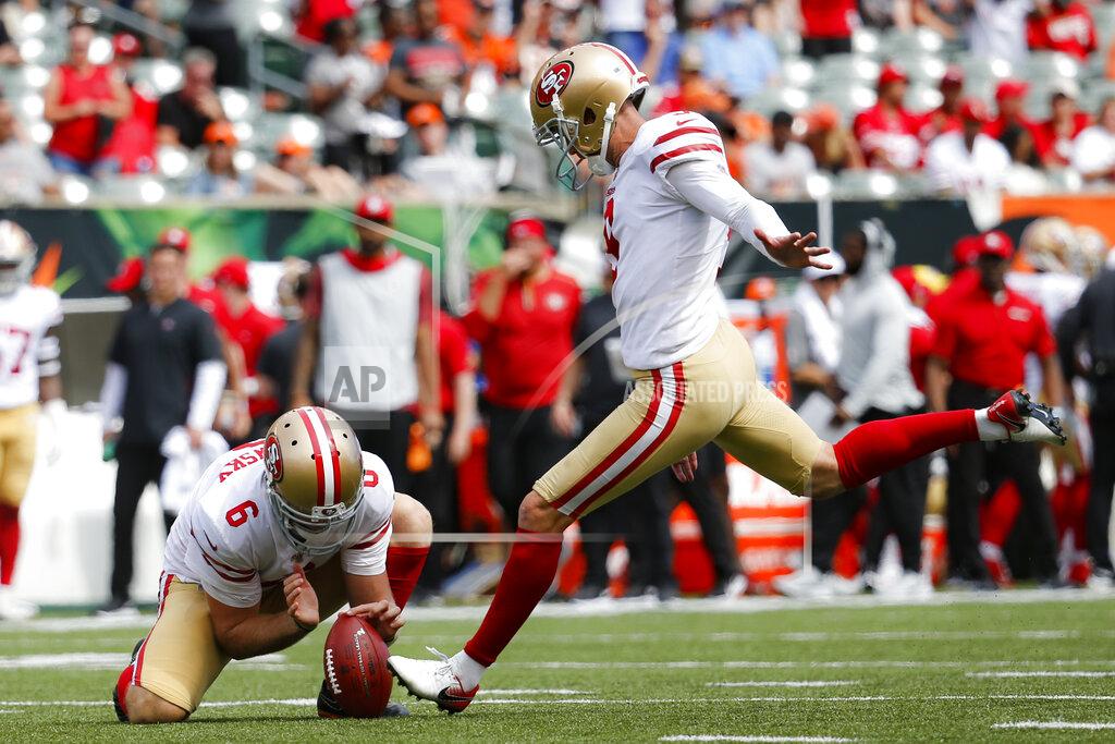 Frank Victores San Francisco 49ers kicker Robbie Gould (9) kicks an extra point during the second half an NFL football game against the Cincinnati Bengals, Sunday, Sept. 15, 2019, in Cincinnati. (AP Photo/Frank Victores)