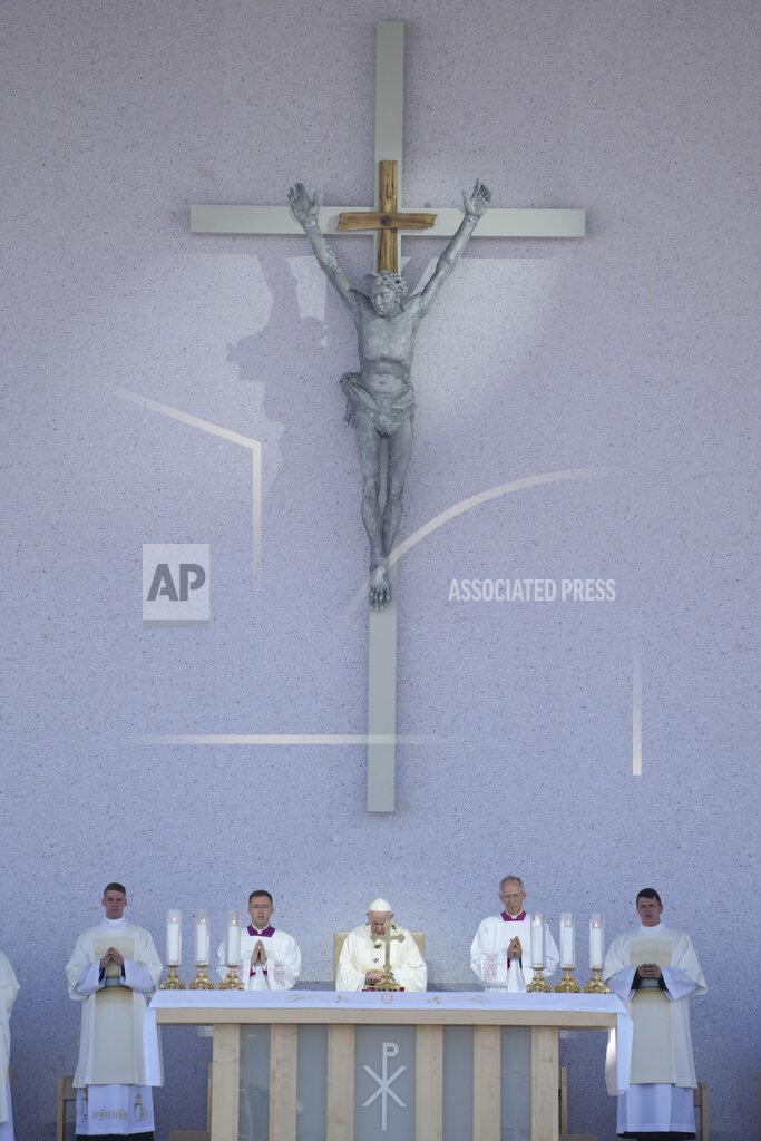 Gregorio Borgia Pope Francis celebrates a Mass in the esplanade of the National Shrine in Sastin, Slovakia, Wednesday, Sept. 15, 2021. Pope Francis celebrates an open air Mass in Sastin, the site of an annual pilgrimage each September 15 to venerate Slovakia's patron, Our Lady of Sorrows. (AP Photo/Gregorio Borgia)